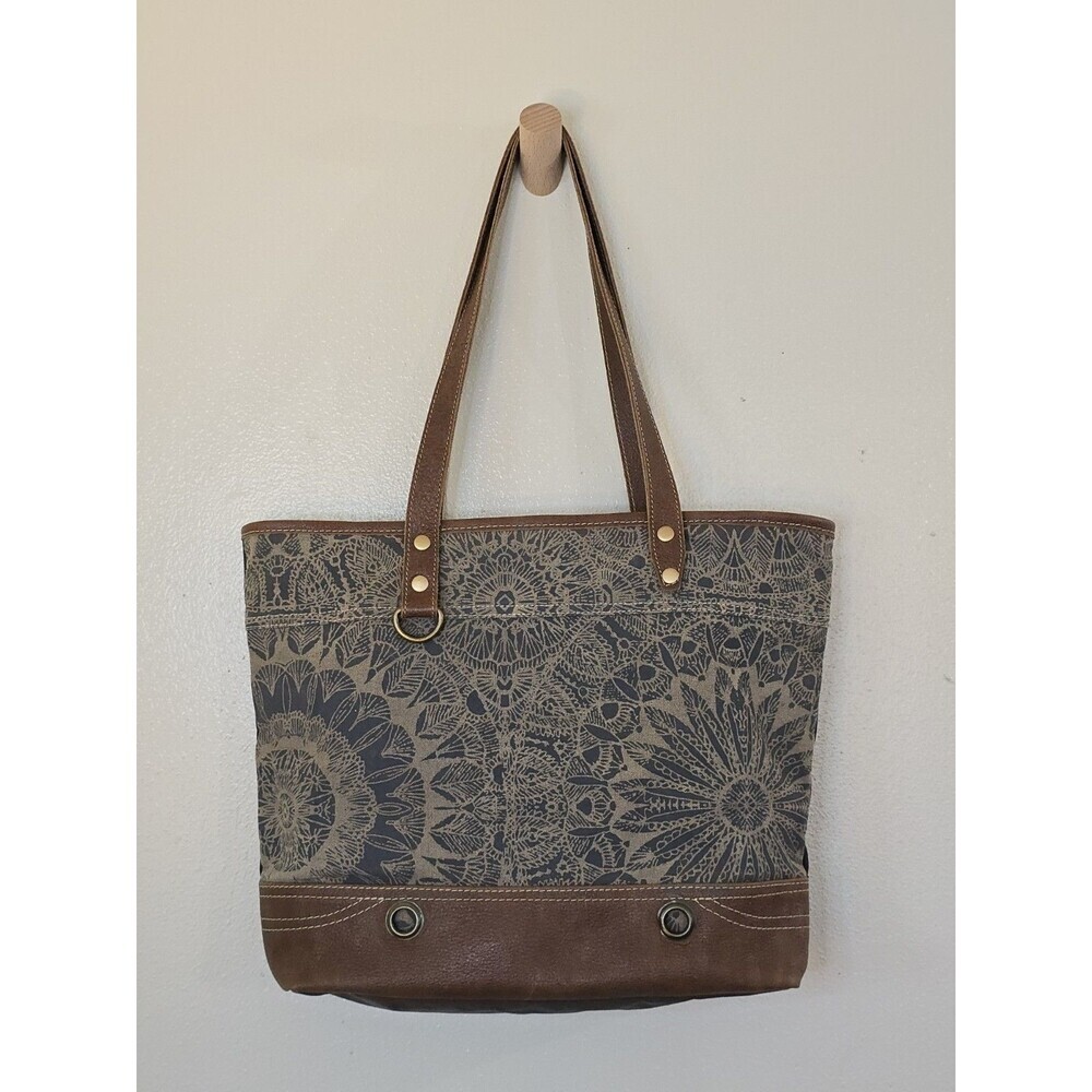 Myra Bag D'Art Leather Trim Tote Upcycled Canvas Western Boho Shoulder Bag Large